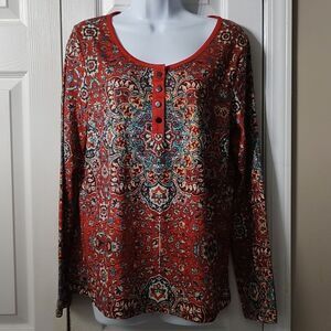 Rustic Brown boho hippie  long sleeve print top  Sz M  NWT